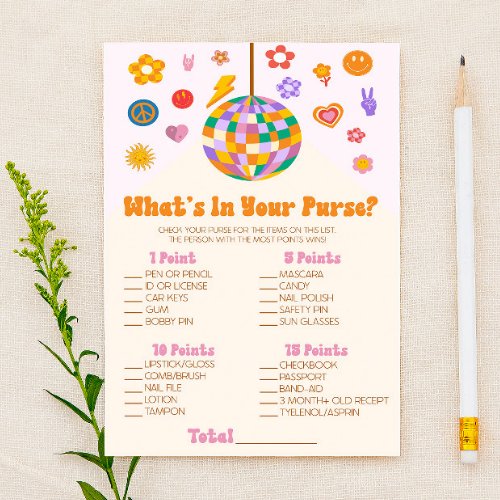 Retro 70s Disco Whats In Purse Baby Shower Game Stationery