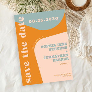 Retro 70s dusty blue orange pink wedding save the date