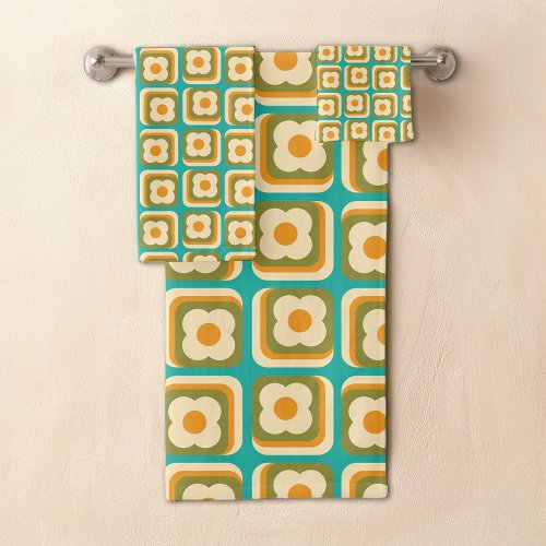 Retro 70s Floral Geometric Teal Green Orange Bath Towel Set