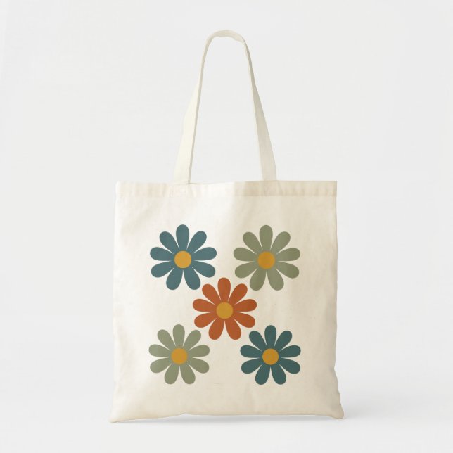 Retro 70s Floral Groovy Daisy Pattern Tote Bag (Front)