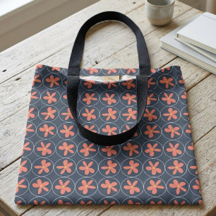 Retro 70s Floral Navy Blue and Pink Geometric Tote Bag