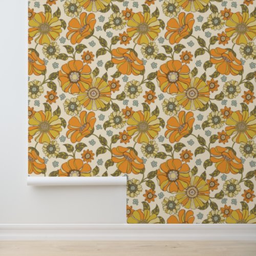 Retro 70s Floral Orange Gold Pattern Wallpaper