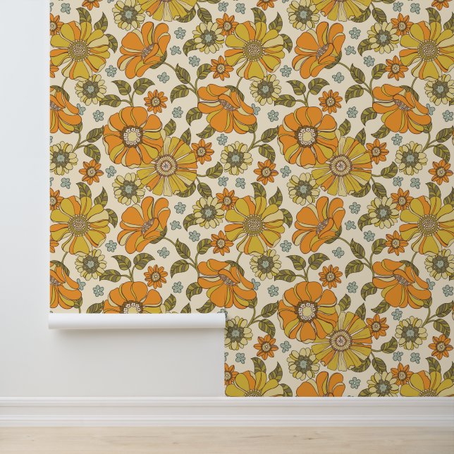 Retro 70s Floral Orange Gold Pattern Wallpaper (Application)