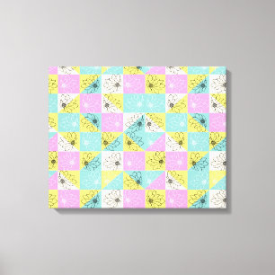 Retro 70s Floral Pastel Pink & Teal Checkerboard Canvas Print