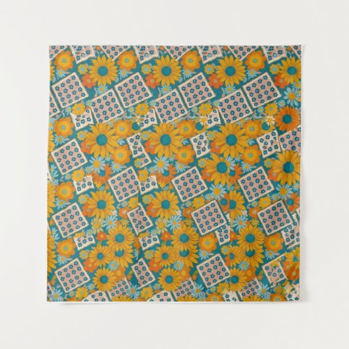 Retro 70s Floral Patchwork Pattern Tapestry