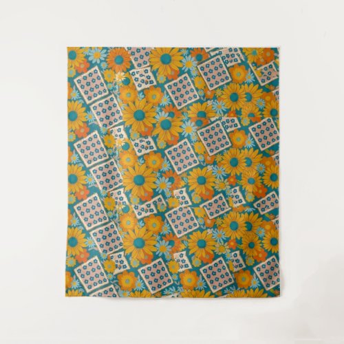 Retro 70s Floral Patchwork Pattern Tapestry