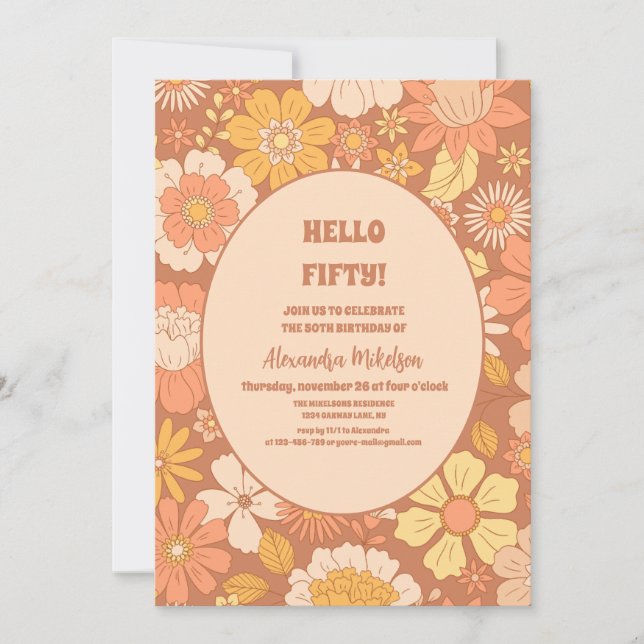 Retro 70s Floral Pattern 50th Birthday Invitation (Front)