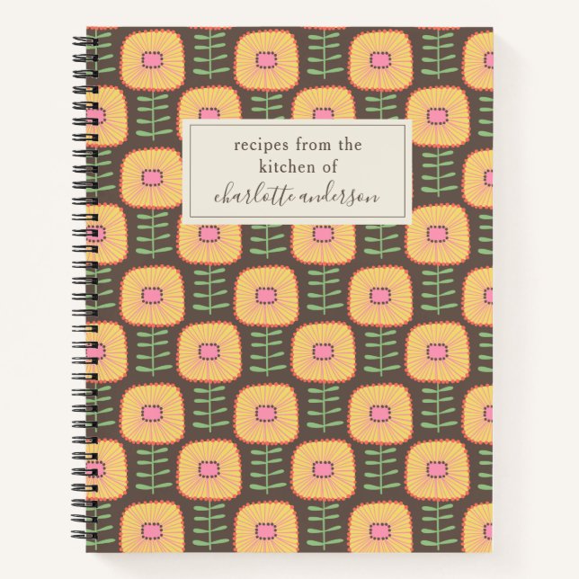 Retro 70s Floral Pattern Brown Personalized Recipe Notebook (Front)
