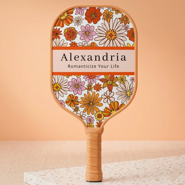 Retro 70s Floral Pattern Custom Name Carbon Fiber Pickleball Paddle (Creator Uploaded)