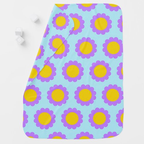 Retro 70s Floral Pattern in Blue Purple and Yellow Baby Blanket