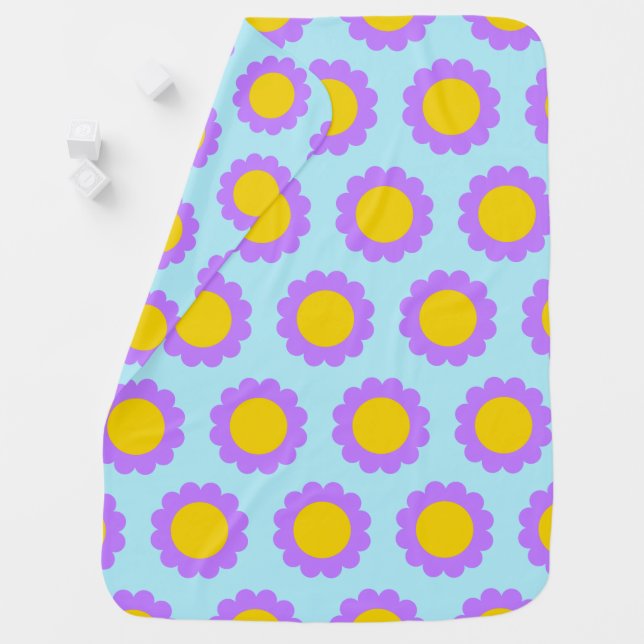 Retro 70s Floral Pattern in Blue Purple and Yellow Baby Blanket (In Situ)