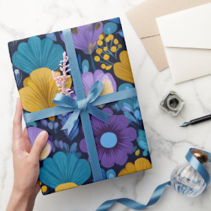 Retro 70s Floral Pattern in Blue Purple and Yellow Wrapping Paper