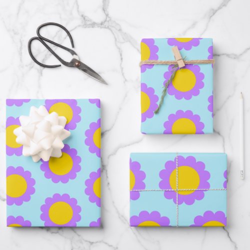 Retro 70s Floral Pattern in Blue Purple and Yellow Wrapping Paper Sheets