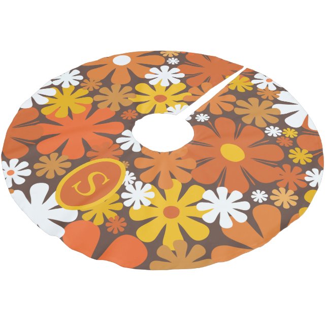 Retro 70s Floral Pattern Orange Brown with Initial Brushed Polyester Tree Skirt (Angled)