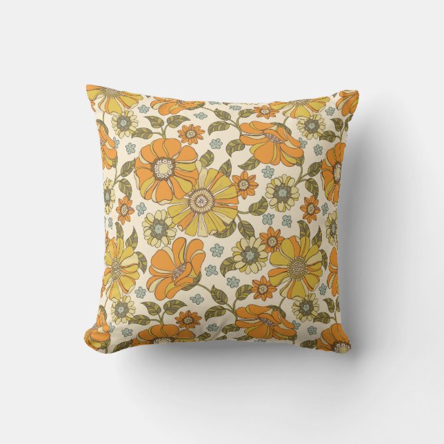 Retro 70s Floral Pattern Throw Pillow (Front)