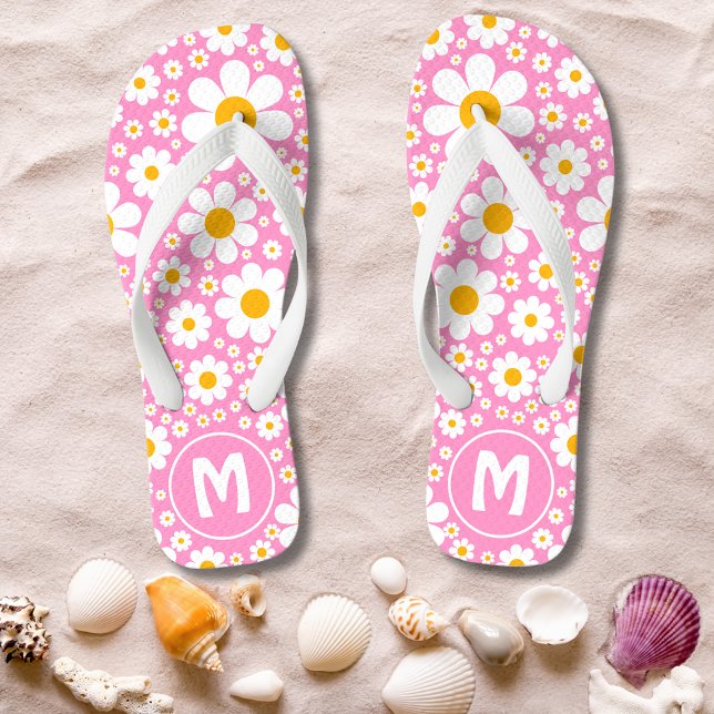 Retro 70s Floral Pink Monogram Flip Flops (Retro 70s floral pink monogram flip flops with simple daisy pattern and groovy typography )