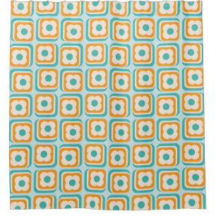 Retro 70s Floral Squares, Aqua, Orange, Teal Shower Curtain