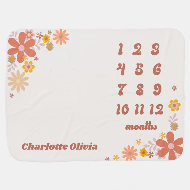 Retro 70s Flower Monthly Milestone Baby Blanket (Horizontal)