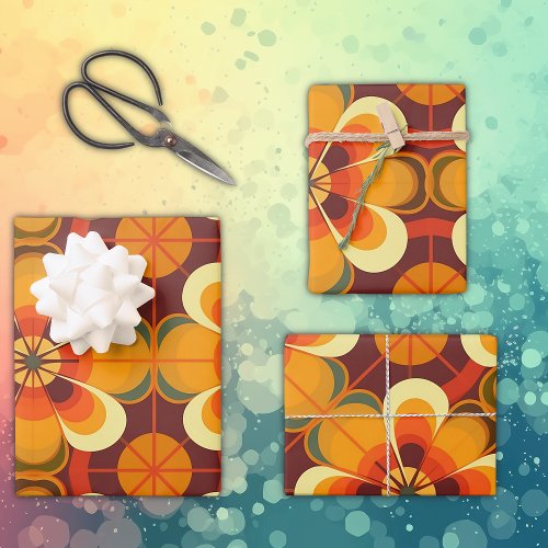 Retro 70s Flower Orange and Burgundy Wrapping Paper Sheets