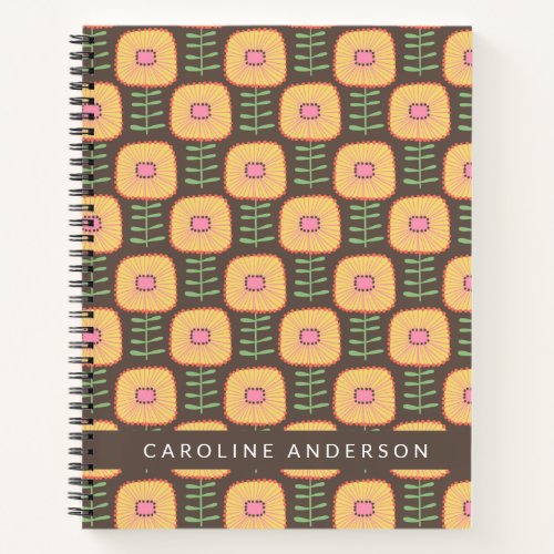 Retro 70s Flower Pattern in Brown Personalized Notebook