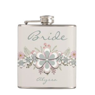 Retro 70's Flower Power Green-White Bride  Flask