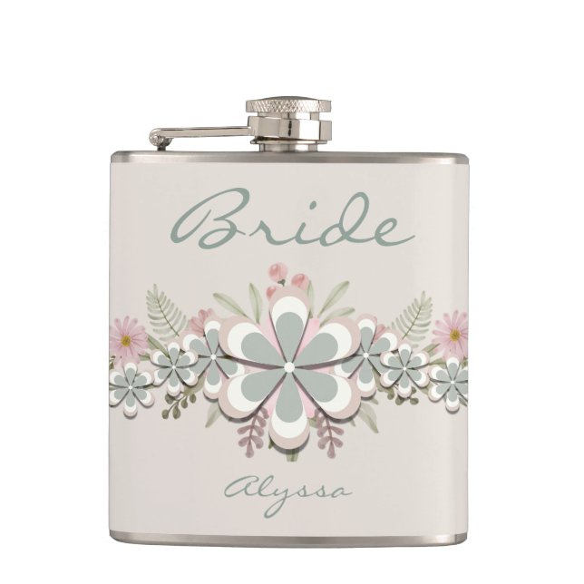 Retro 70's Flower Power Green-White Bride  Flask (Front)