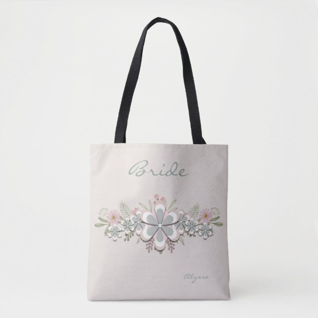 Retro 70's Flower Power Green-White Bride   Tote Bag (Front)