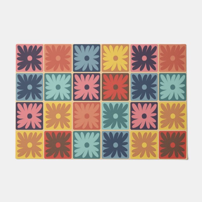 Retro 70s flower squares checkered pattern doormat (Front)