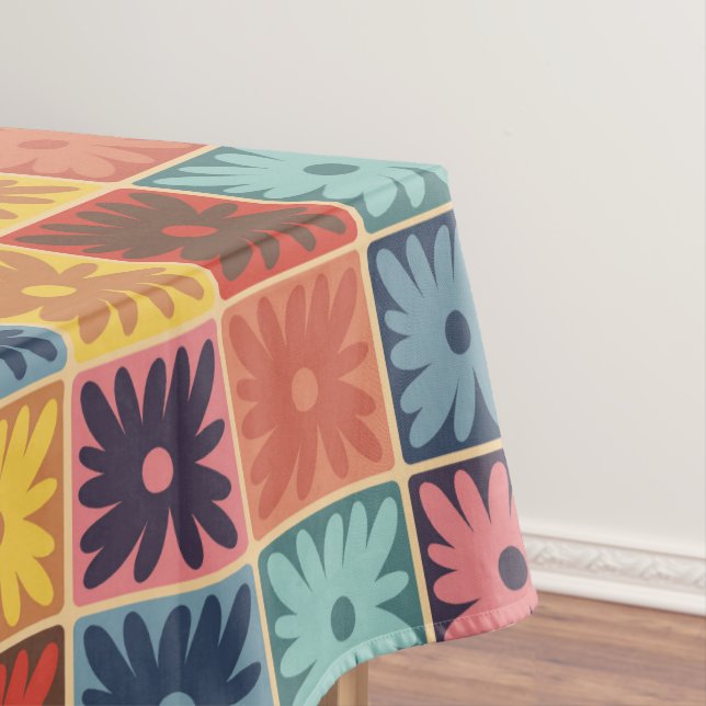 Retro 70s flower squares checkered pattern tablecloth (In Situ)