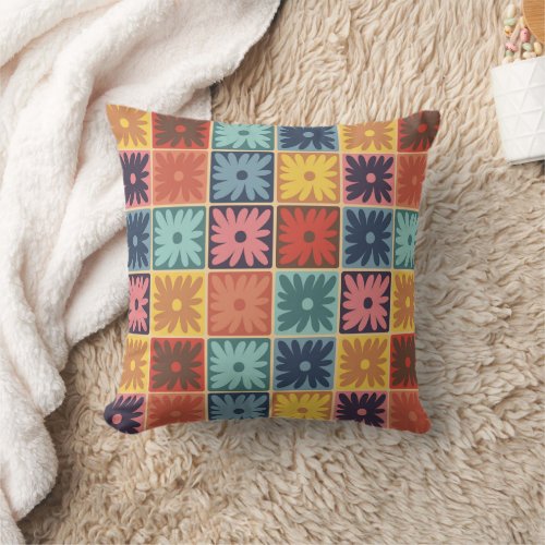 Retro 70s flower squares checkered pattern throw pillow