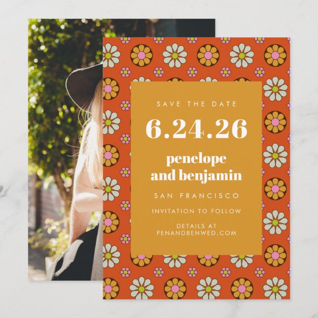 Retro 70s Flowers Bright Orange Picture Wedding Save The Date (Front/Back)