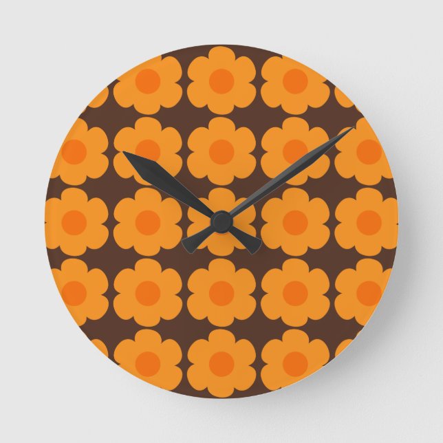 Retro 70s Flowers Floral Pattern Orange and Brown Round Clock (Front)