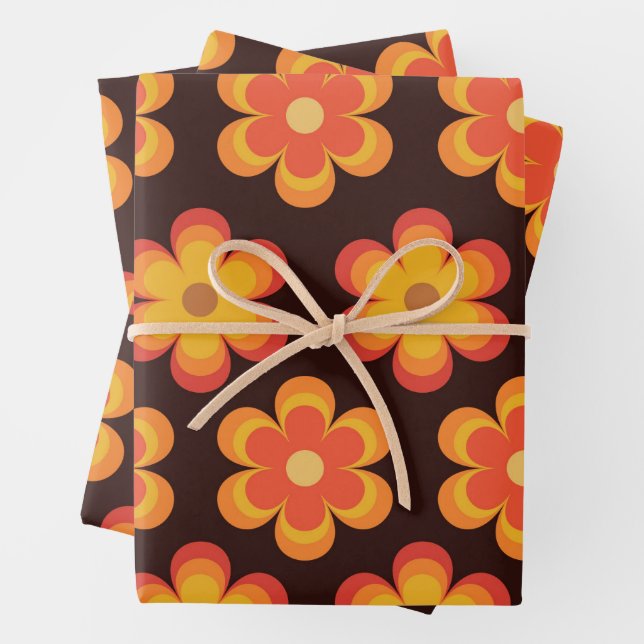 Retro 70s Flowers in Orange Yellow Red Pattern  Wrapping Paper Sheets (In situ)