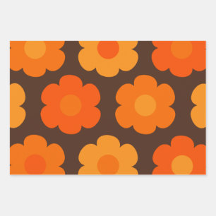 Retro 70s Flowers Orange and Brown Floral Pattern Wrapping Paper Sheets