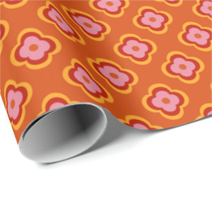 Retro 70s flowers pattern - orange & pink wrapping paper
