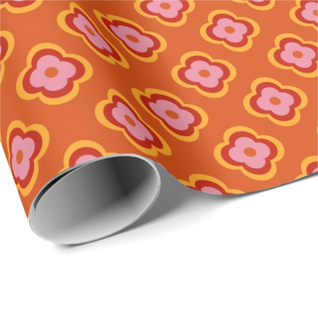 Retro 70s flowers pattern - orange & pink wrapping paper (Roll Corner)