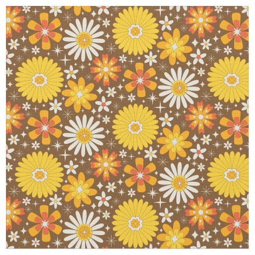 Retro 70s Flowers with Atomic Starbursts on Brown Fabric