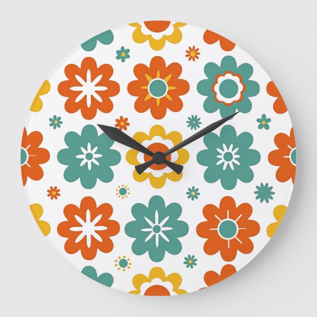 Retro 70s Geometric Flower Power Boho Large Clock (Front)