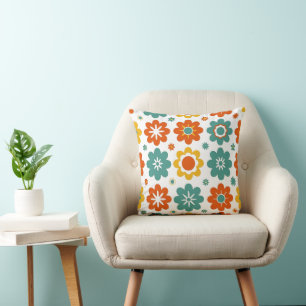 Retro 70s Geometric Flower Power Boho Throw Pillow