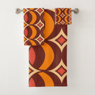 Retro 70s Geometric Globe Pattern Autumn Bath Towel Set