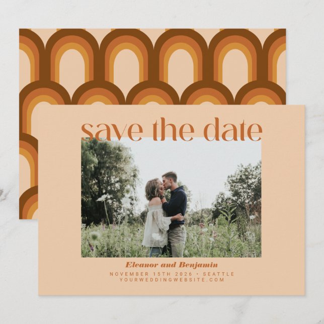 Retro 70s Geometric Terracotta Tan Photo Wedding Save The Date (Front/Back)
