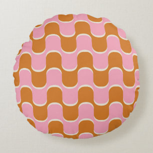 Retro 70s: Gold-Pink Wavy Pattern. Round Pillow
