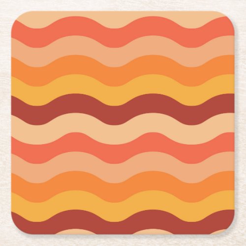 Retro 70s groovy abstract waves orange and yellow  square paper coaster