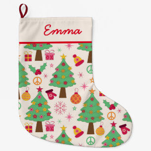 Retro 70s Groovy Christmas Trees Pattern Name Large Christmas Stocking