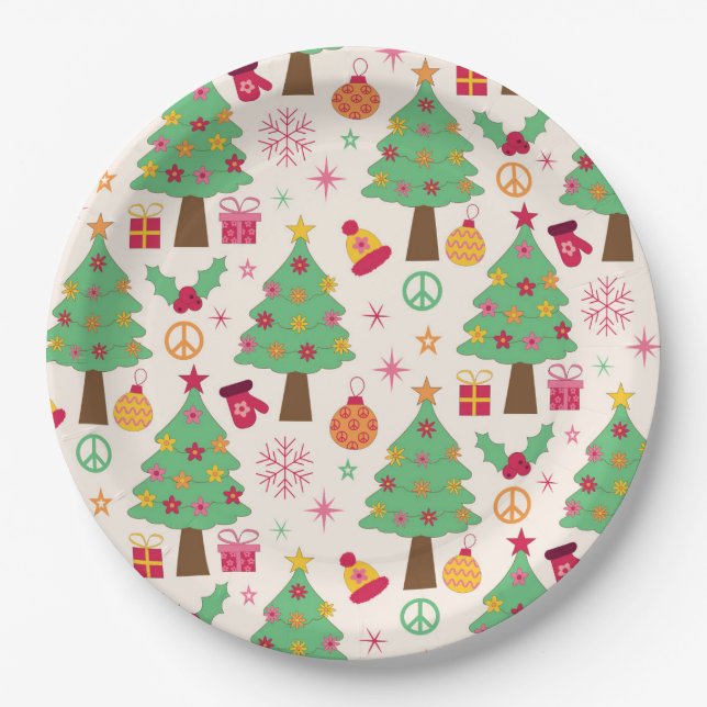 Retro 70s Groovy Christmas Trees Pattern  Paper Plates (Front)