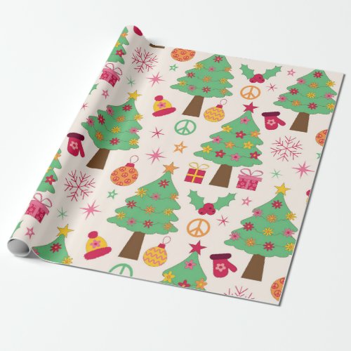 Retro 70s Groovy Christmas Trees Pattern  Wrapping Paper
