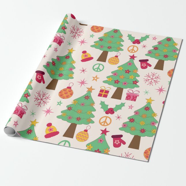 Retro 70s Groovy Christmas Trees Pattern  Wrapping Paper (Unrolled)