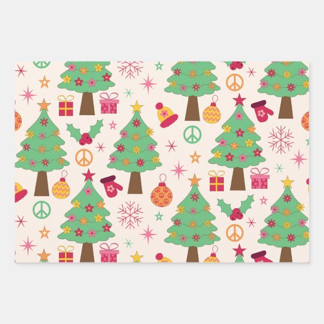 Retro 70s Groovy Christmas Trees Pattern  Wrapping Paper Sheets (Front)