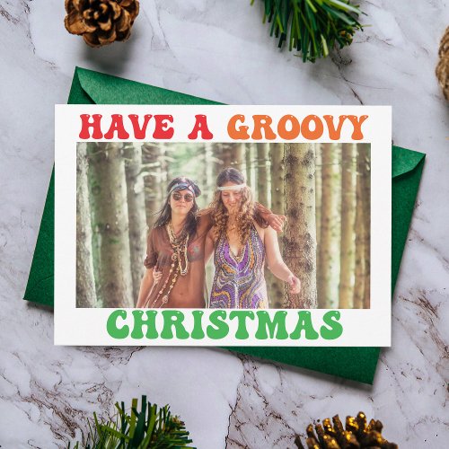 Retro 70s Groovy Christmas Vintage Hippie Photo Holiday Card