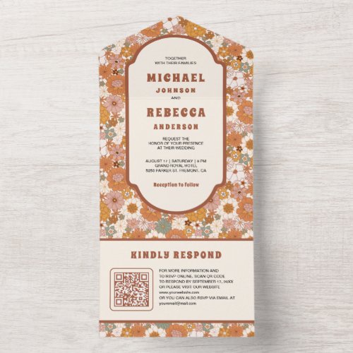 Retro 70's Groovy Colorful Floral QR Code Wedding All In One Invitation
